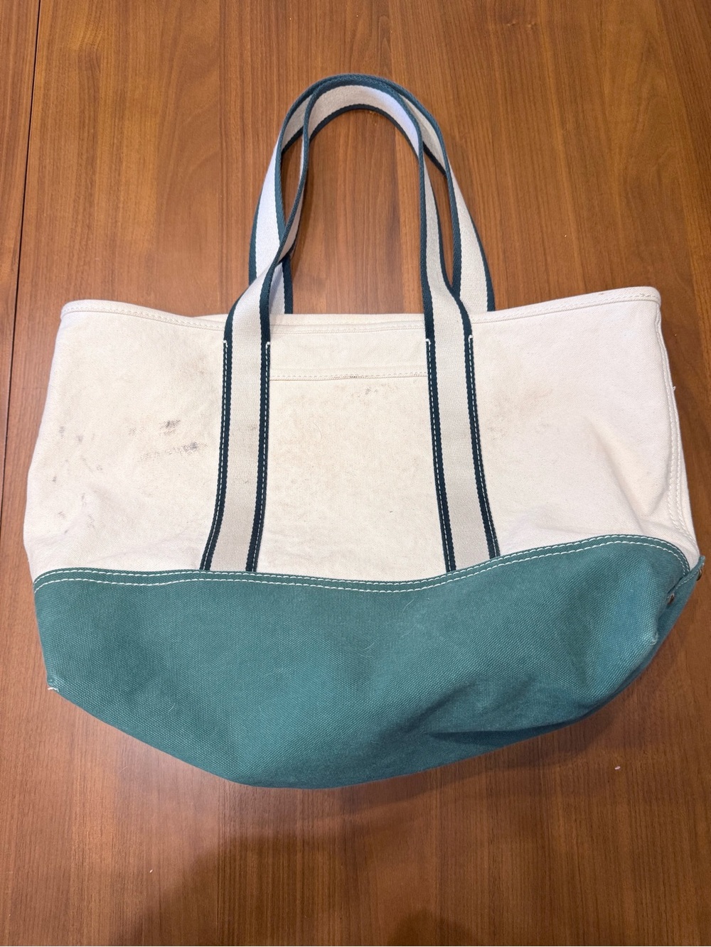 J Crew Montauk Heavy Canvas Tote Large Cream Green  20x12 Boat and Tote Preppy L